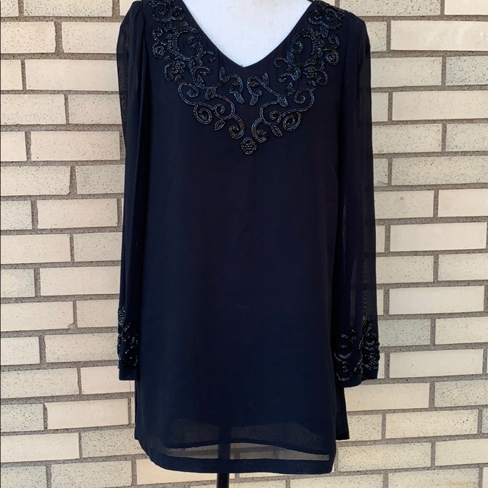 Liz Claiborne Black Beaded Trim V-neck Blouse Top - Picture 2 of 11